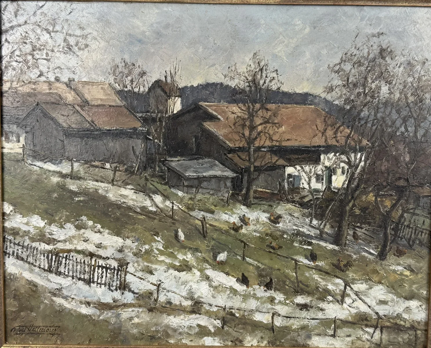 Landschaft mit Bauerhaus, unleserlich signiert, Öl auf Platte, Bildmaß: 50x40 cm, gerahmt, Gesamtmaß: 61x51 cm
