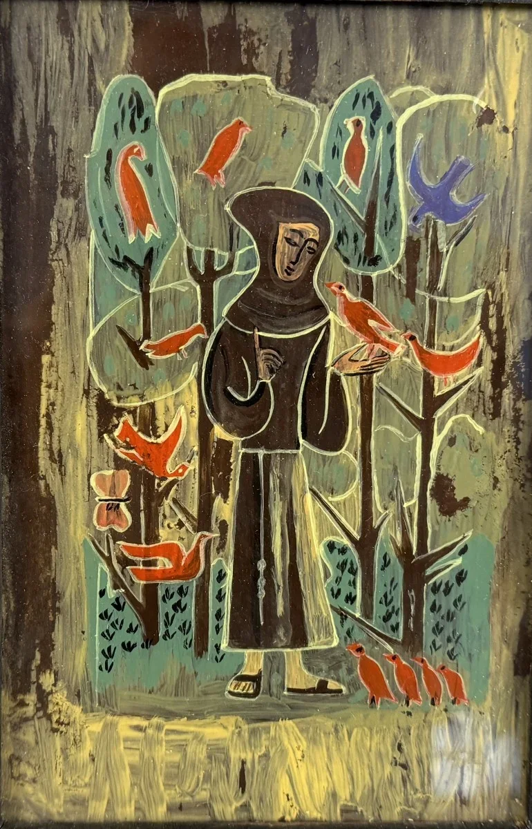 heiliger Franziskus von Assisi, von Tieren umgeben, häufig dargestellt als "Franziskus predigt den Vögeln" Mischtechnik, gerahmt, Gesamtmaß: 26x20 cm