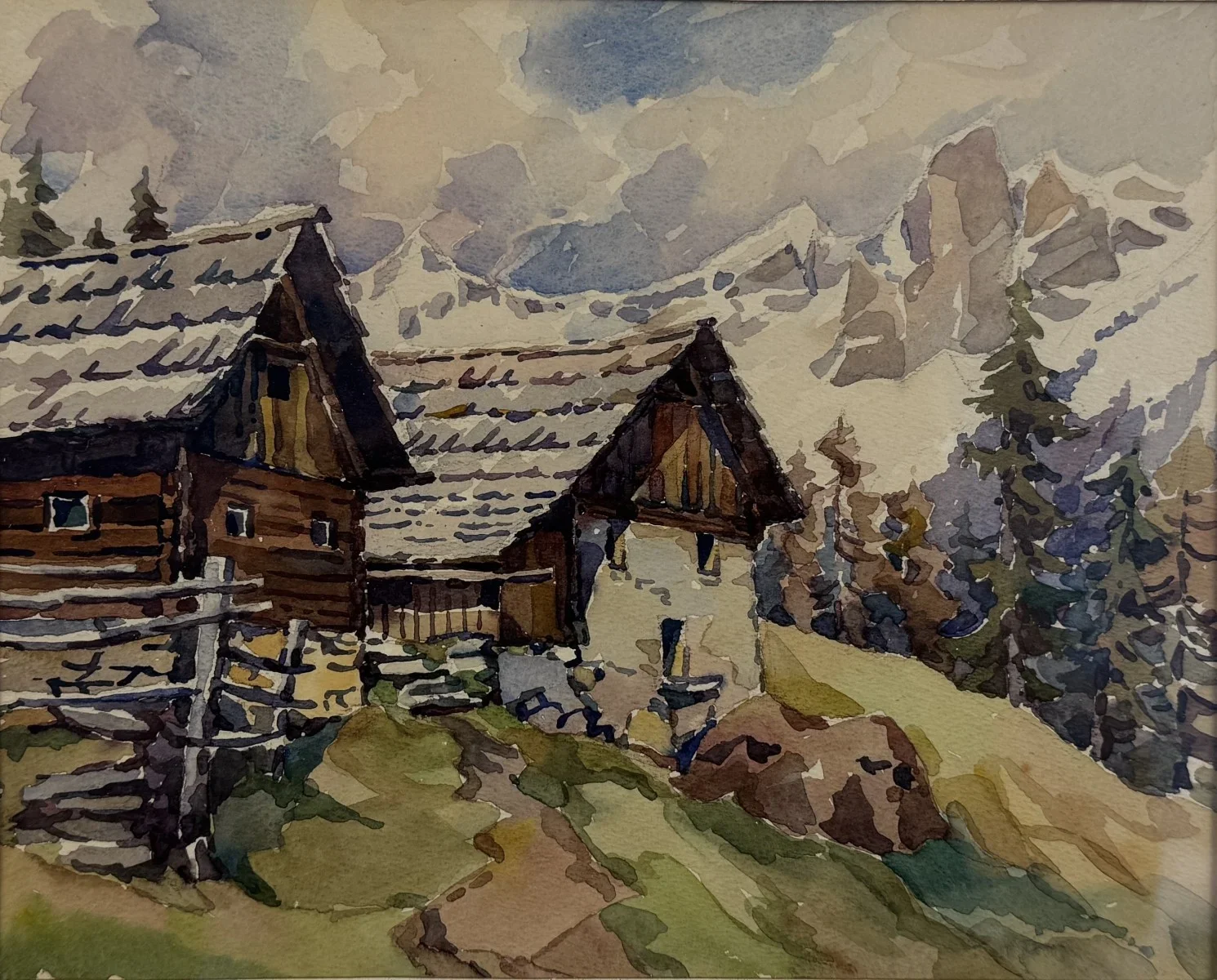 Aquarell auf Papier,  Bauernhäuser in der Bergen, Bildmaß: 24x19 cm, gerahmt, Gesamtmaß: 43x33 cm