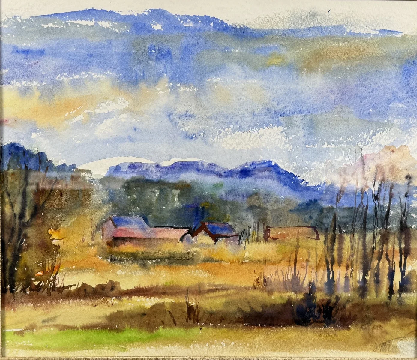 Kollitsch, Aquarell,  ländliche Landschaft mit sanften Bergen im Hintergrund,  Bildmaß: 46x39 cm, Gesamtmaß: 51x45 cm