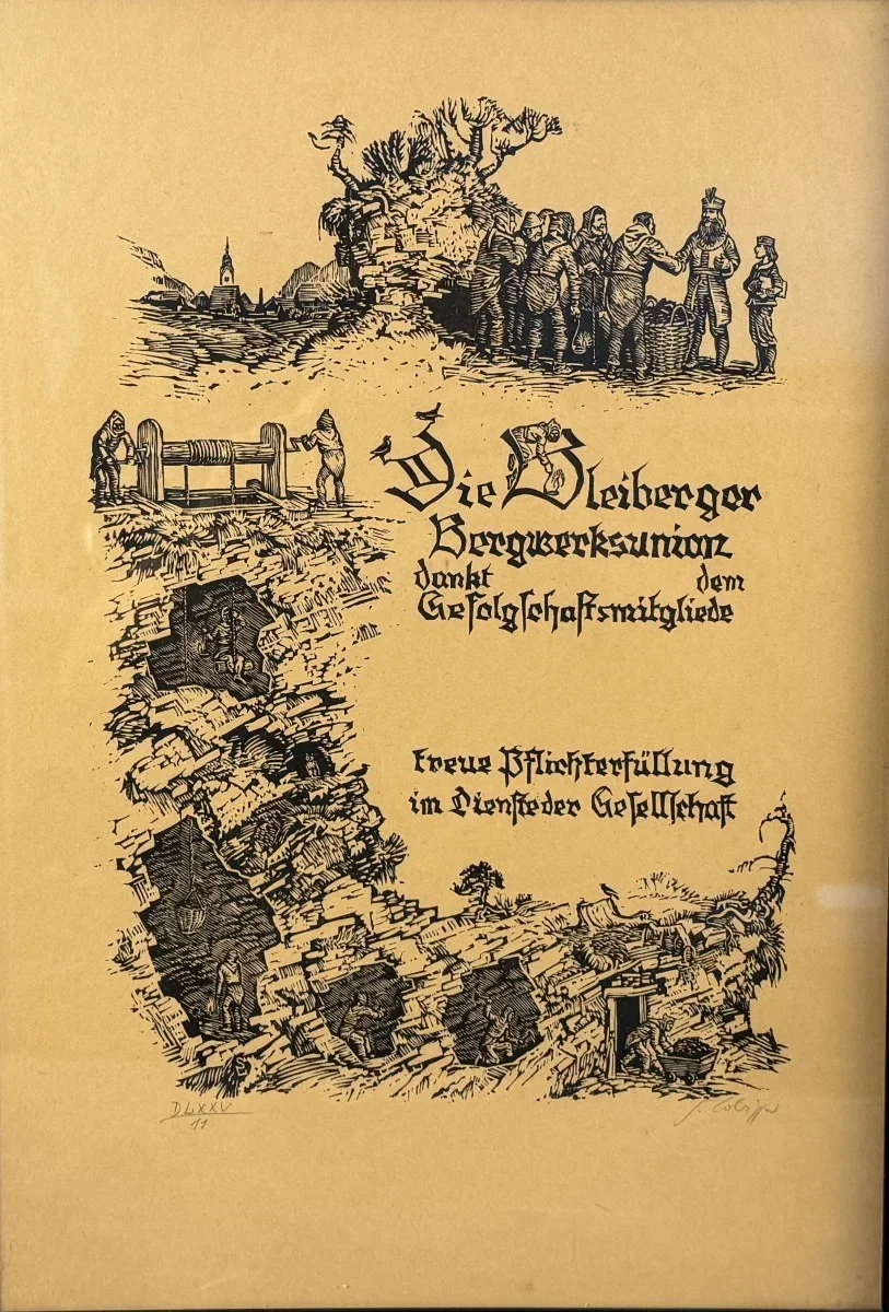 Switbert Lobisser (Tiffen 1878-1943 Klagenfurt, Studium an der Wiener Akademie Mitglied Wiener Künstlerhaus), Holzschnitt, Knappenbrief für die Bleiberger Bergwerksunion,  signiert, verglast, gerahmt, Gesamtmaß: 54x38 cm