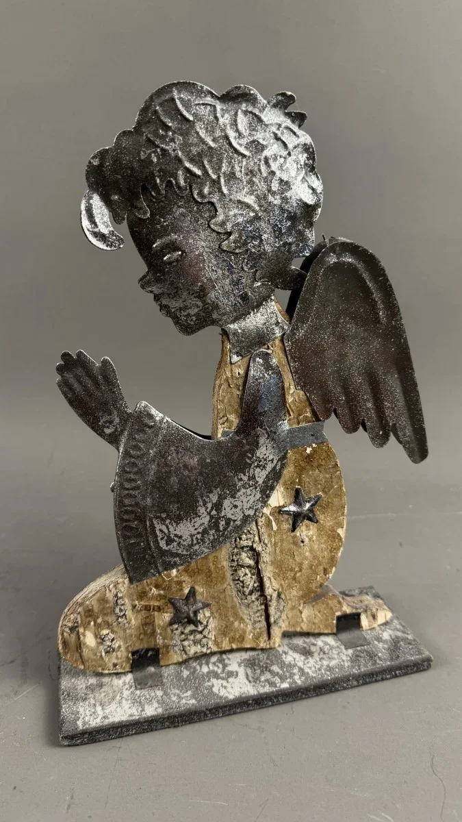 Engelsfigur aus Metall und Holz, Vintage