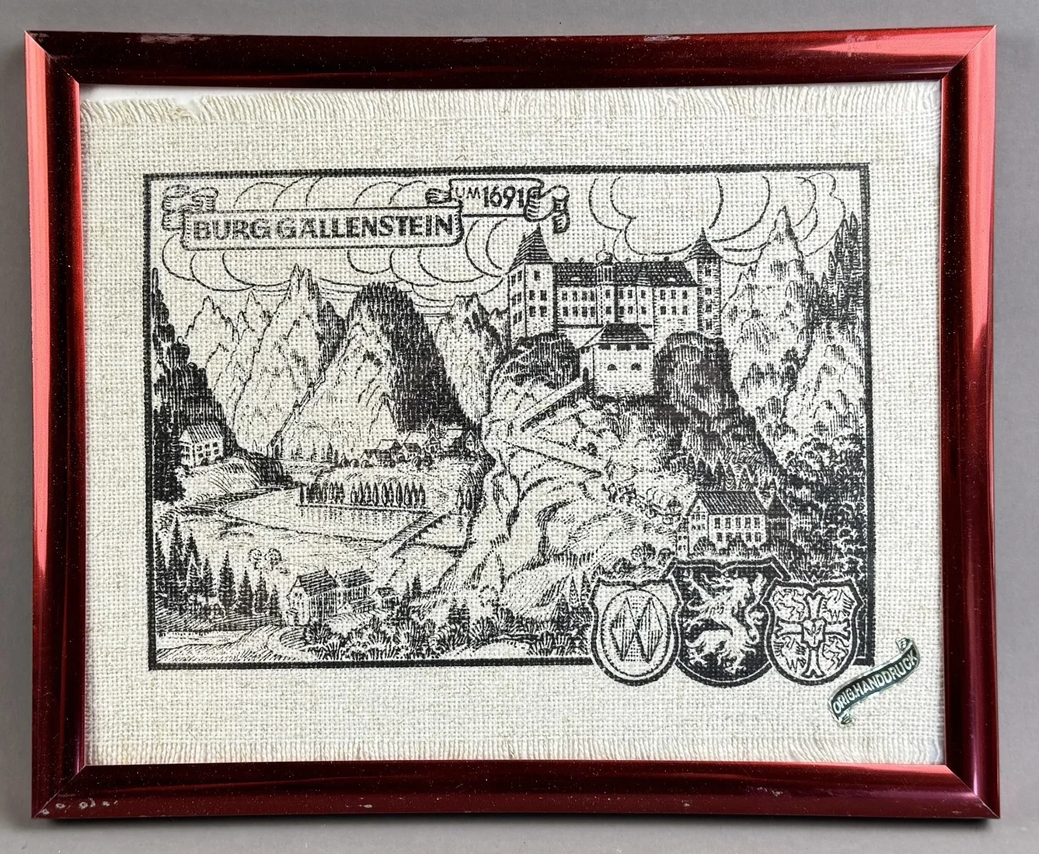 "Original Handdruck" eines Kupferstichs der Burg Gallenstein, auf Textil gedruckt, 33x27 cm