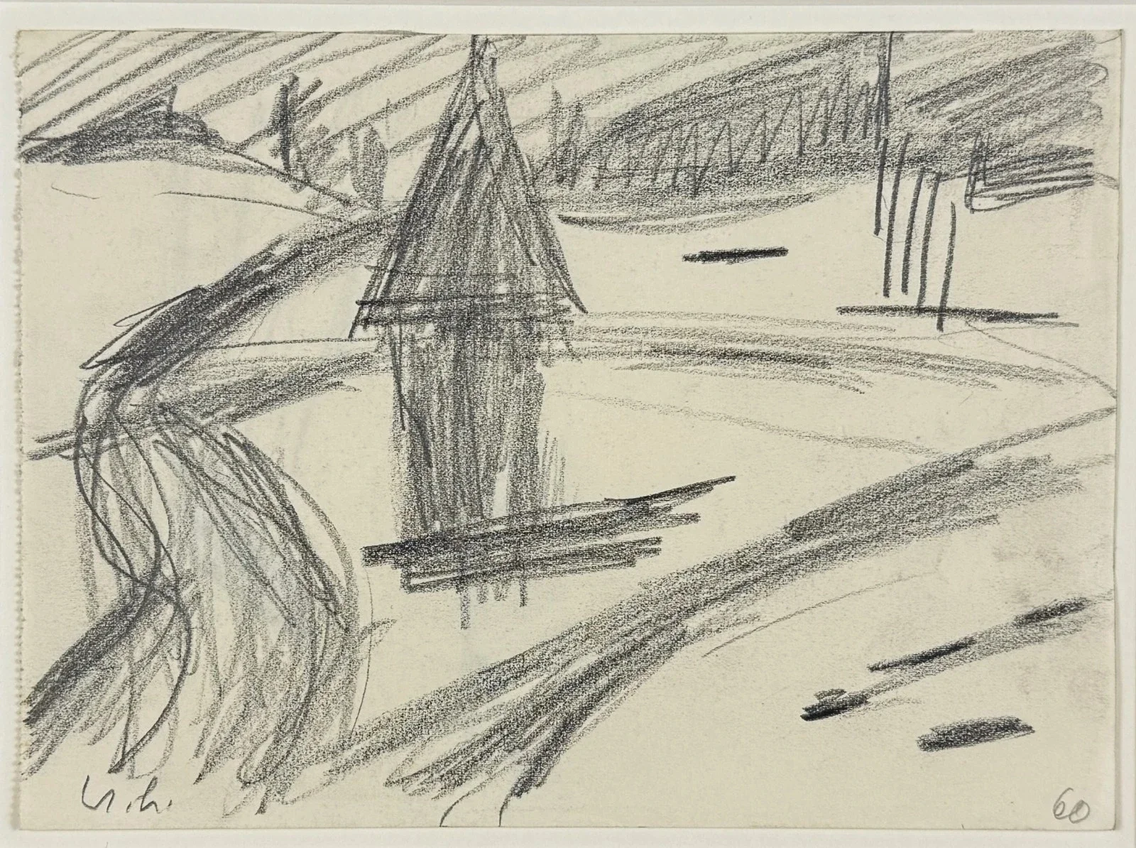 Werner Berg (Wuppertal-Elberfeld 1904-1981St. Veit im Jauntal/Kärnten), "Wegkreuz 1060", Bleistiftzeichnung, Vorlage zum Ölbild,  Galeriepreis 5500 €, signiert, Bildmaß: 21x16 cm, verglast, gerahmt, datiert 60 / 1960, Gesamtmaß: 37x31 cm