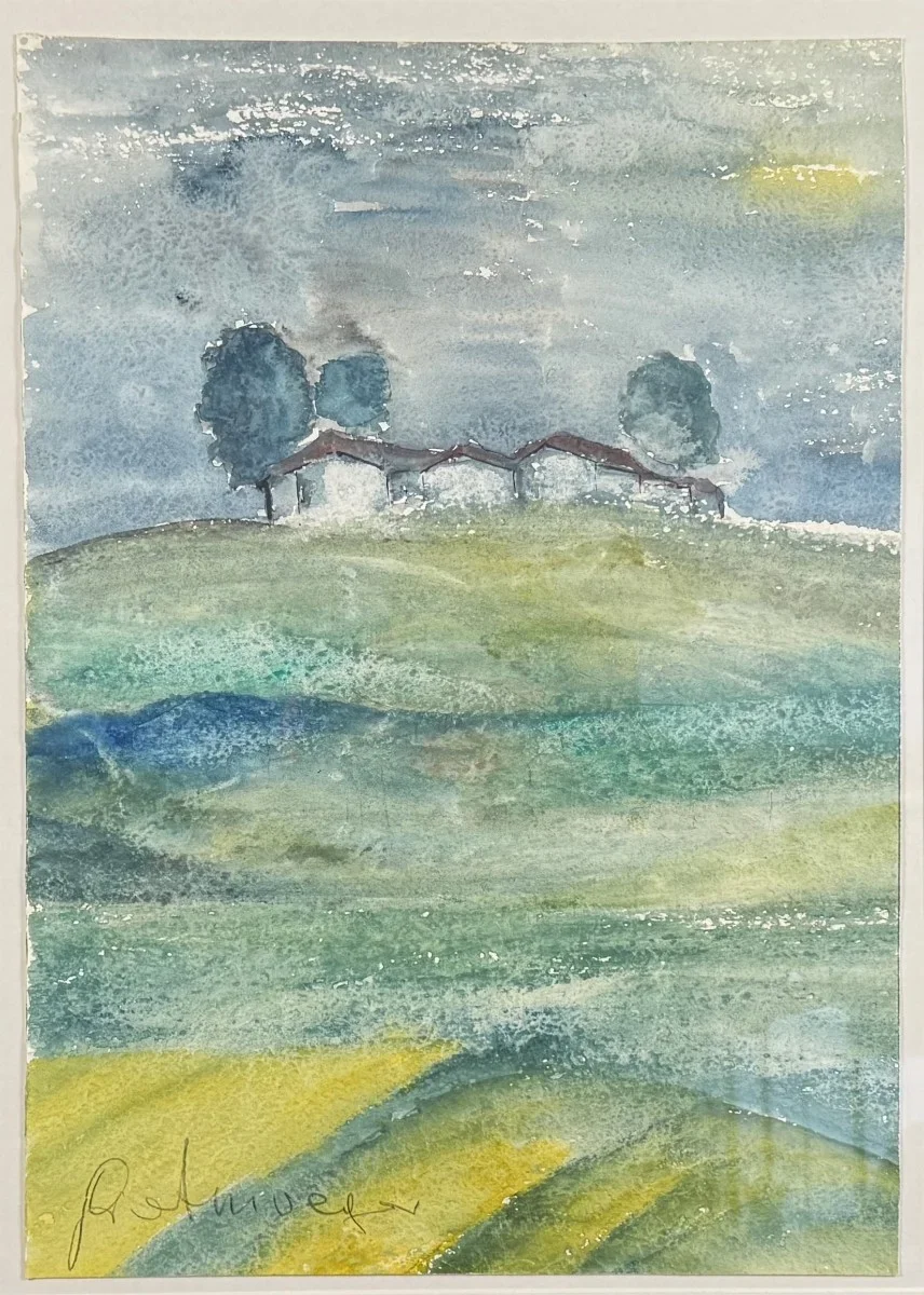 "Landschaft", unleserlich signiert, Aquarell, Bildmaß: 35x40 cm, verglast, gerahmt, Gesamtmaß: 56x68 cm