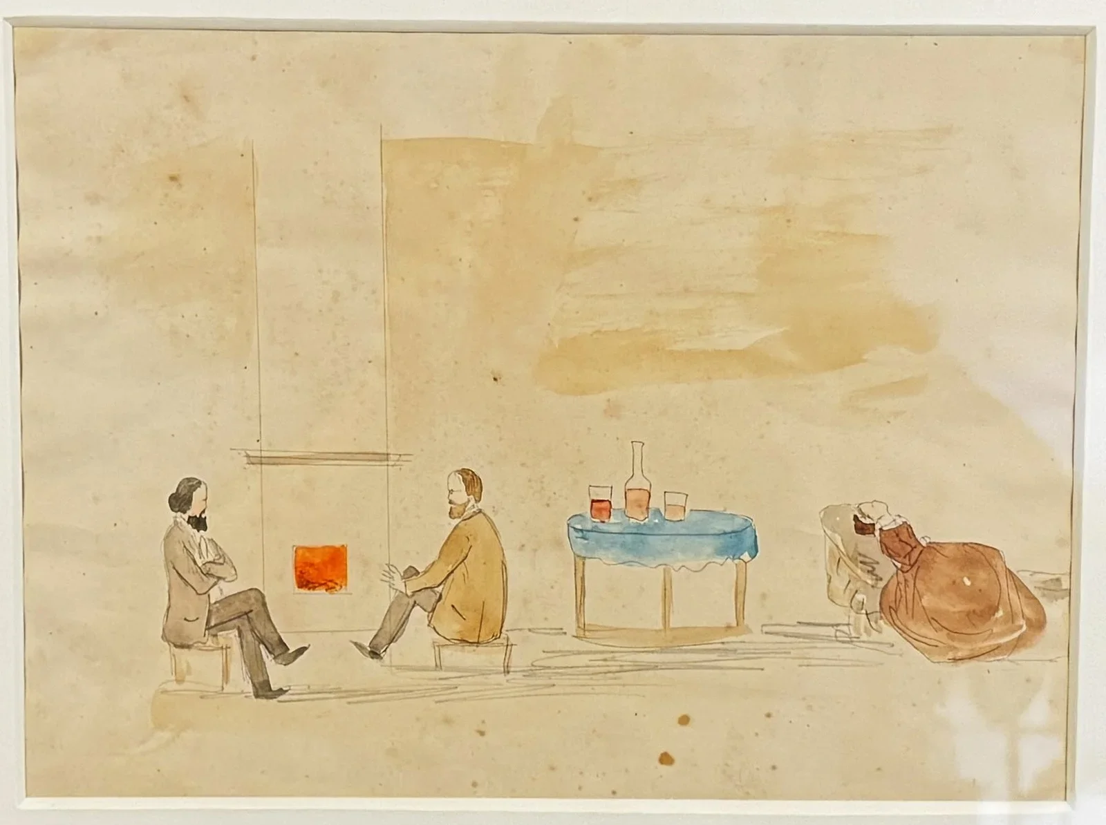 Markus Pernhart (Untermieger 1824–1871 St. Ruprecht bei Klagenfurt), "Nachmittagsmuße in Freyenthurn", Die Familie Moro, Aquarell, Bildmaß: 21x29 cm, verglast, gerahmt, Gesamtmaß: 36x45 cm