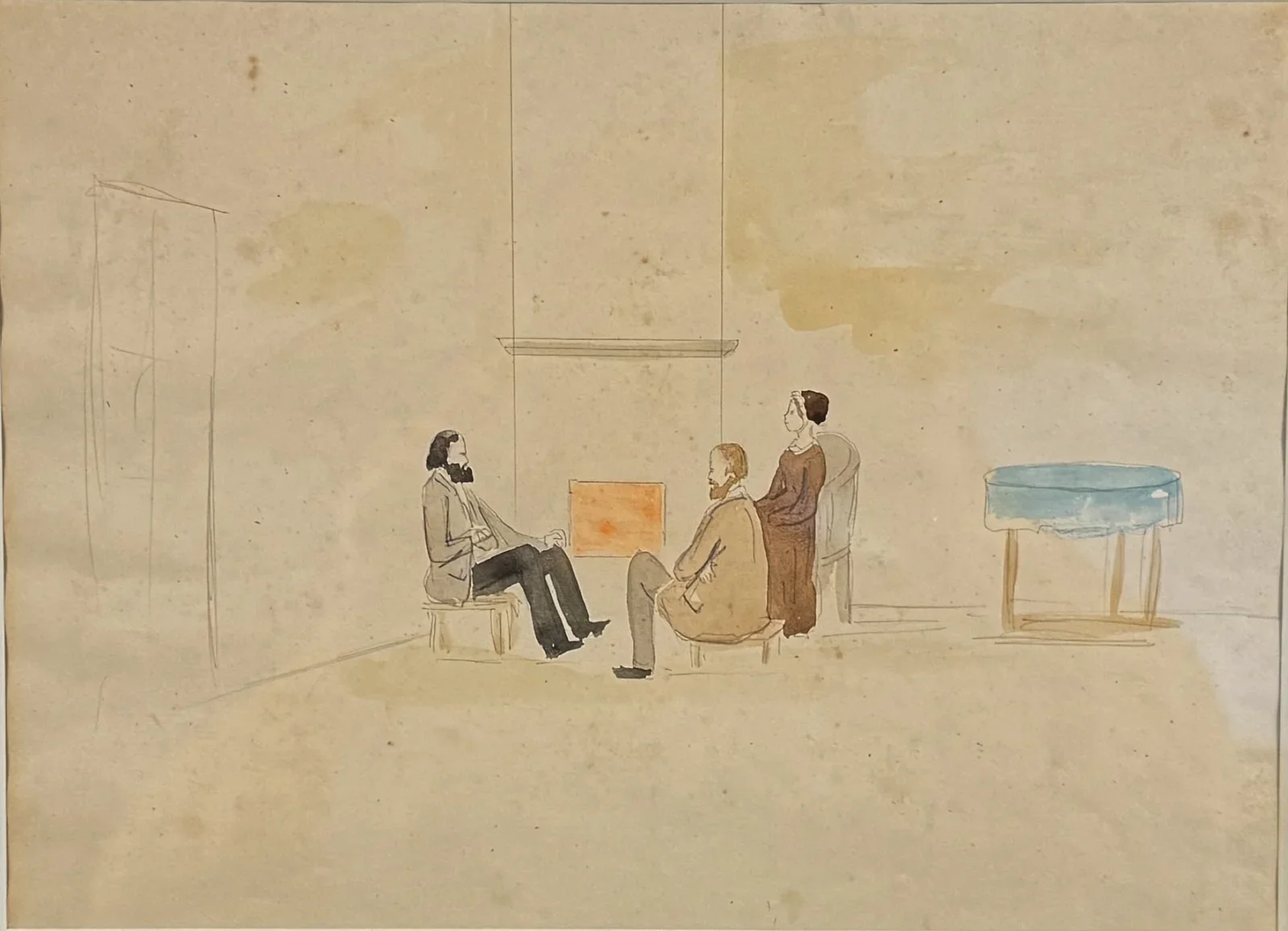 Markus Pernhart (Untermieger 1824–1871 St. Ruprecht bei Klagenfurt), "Gespräch am Kamin Freyenthurn", Die Familie Moro, Aquarell, Bildmaß: 21x29 cm, verglast, gerahmt, Gesamtmaß: 36x45 cm