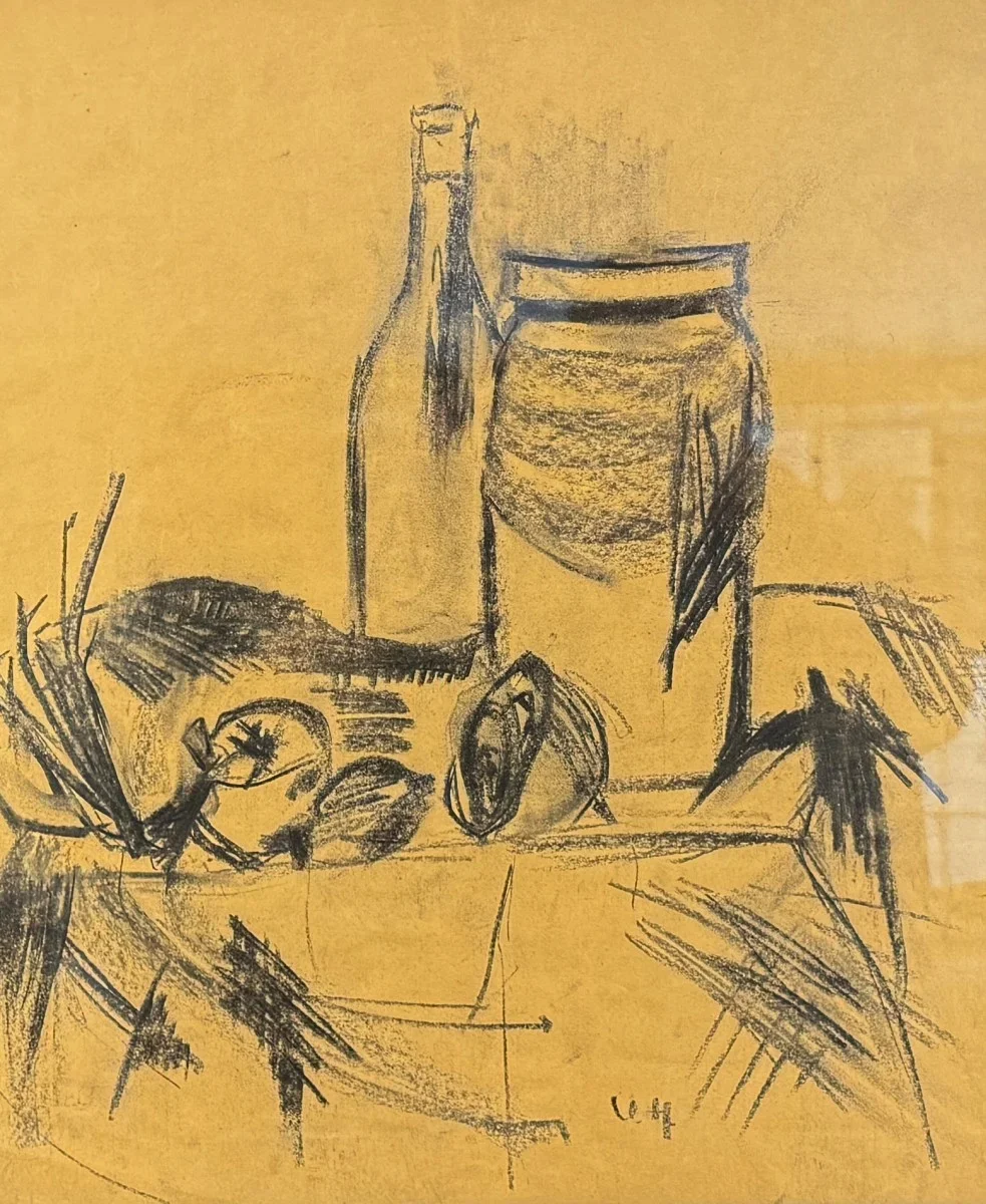 Giselbert Hoke (Warnsdorf/Böhmen 1927-2015 Klagenfurt), Kohle auf Papier, expressives Stillleben, signiert, Bildmaß: 42x50 cm, verglast, gerahmt, Gesamtmaß: 51x61 cm