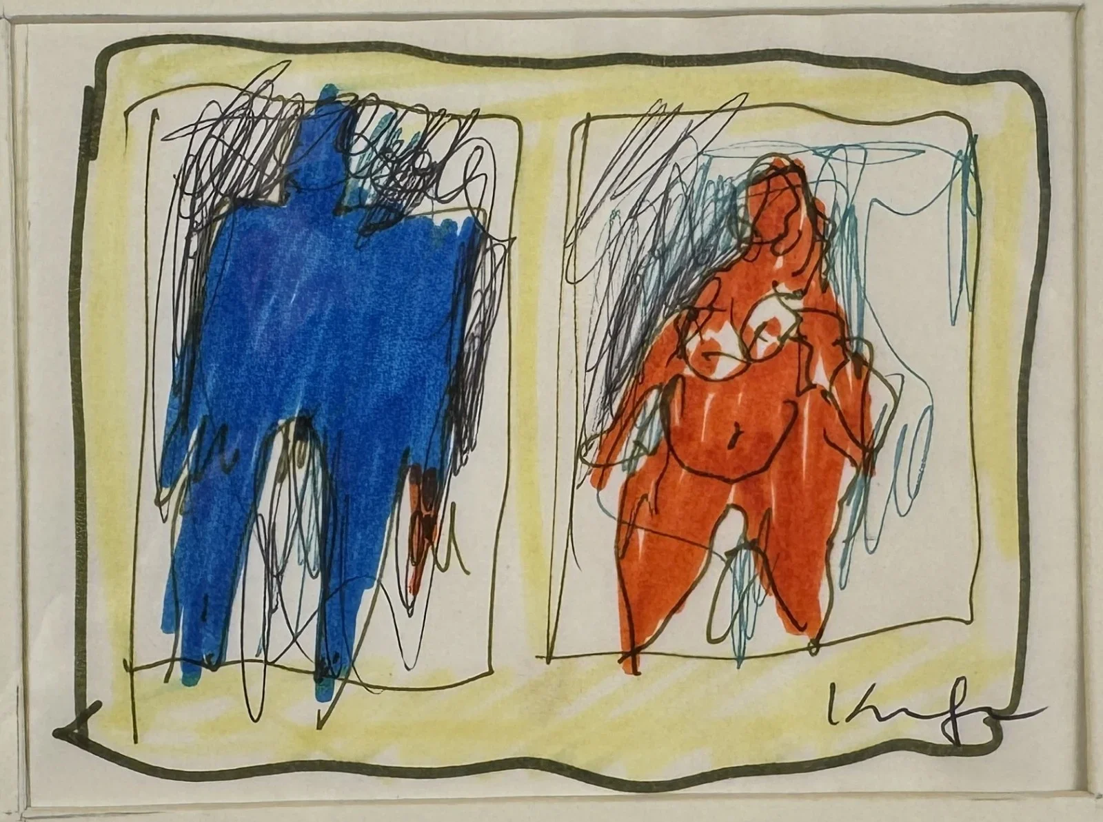 Alfred Kornberger (Wien 1933–2002), "zwei Akte", Feder/ Farbstift auf Papier, Provenienz: aus dem erbrechtlichem Nachlass von Christian Kornberger, Schätzpreis: 800 - 1200 €, signiert Kornberger, Bildmaß: 12x8 cm, verglast, gerahmt, datiert 1999, Gesamtmaß: 36x30 cm