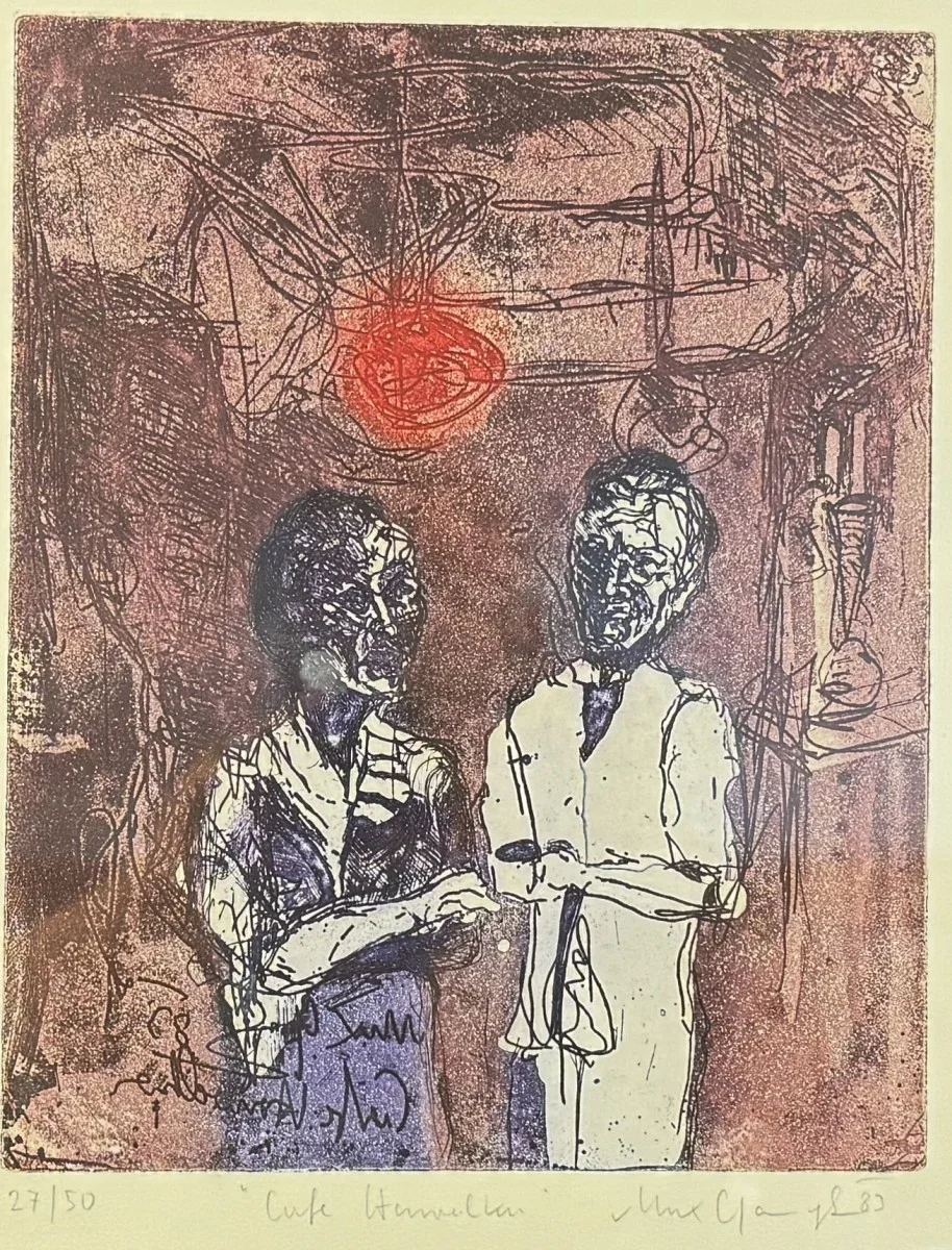 Max Gangl (Mauthen/Kärnten 1946 geb.), Cafe Hawelka, signiert, Radierung, Bildmaß: 25x31 cm, verglast, gerahmt, datiert 85, Gesamtmaß: 44x54 cm