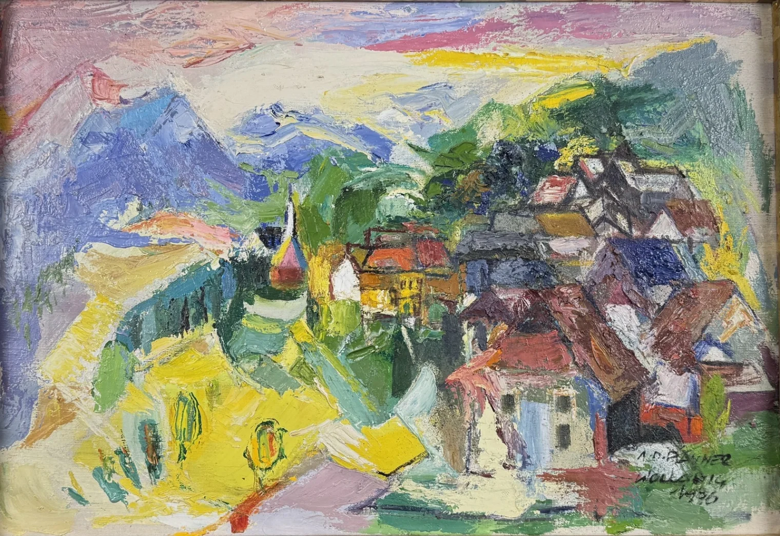Adolf David Planner (Marburg 1914-2010 Villach), "Wollanig", signiert, Öl auf Leinwand, Bildmaß: 43x63 cm, gerahmt, datiert, Gesamtmaß: 64x84 cm