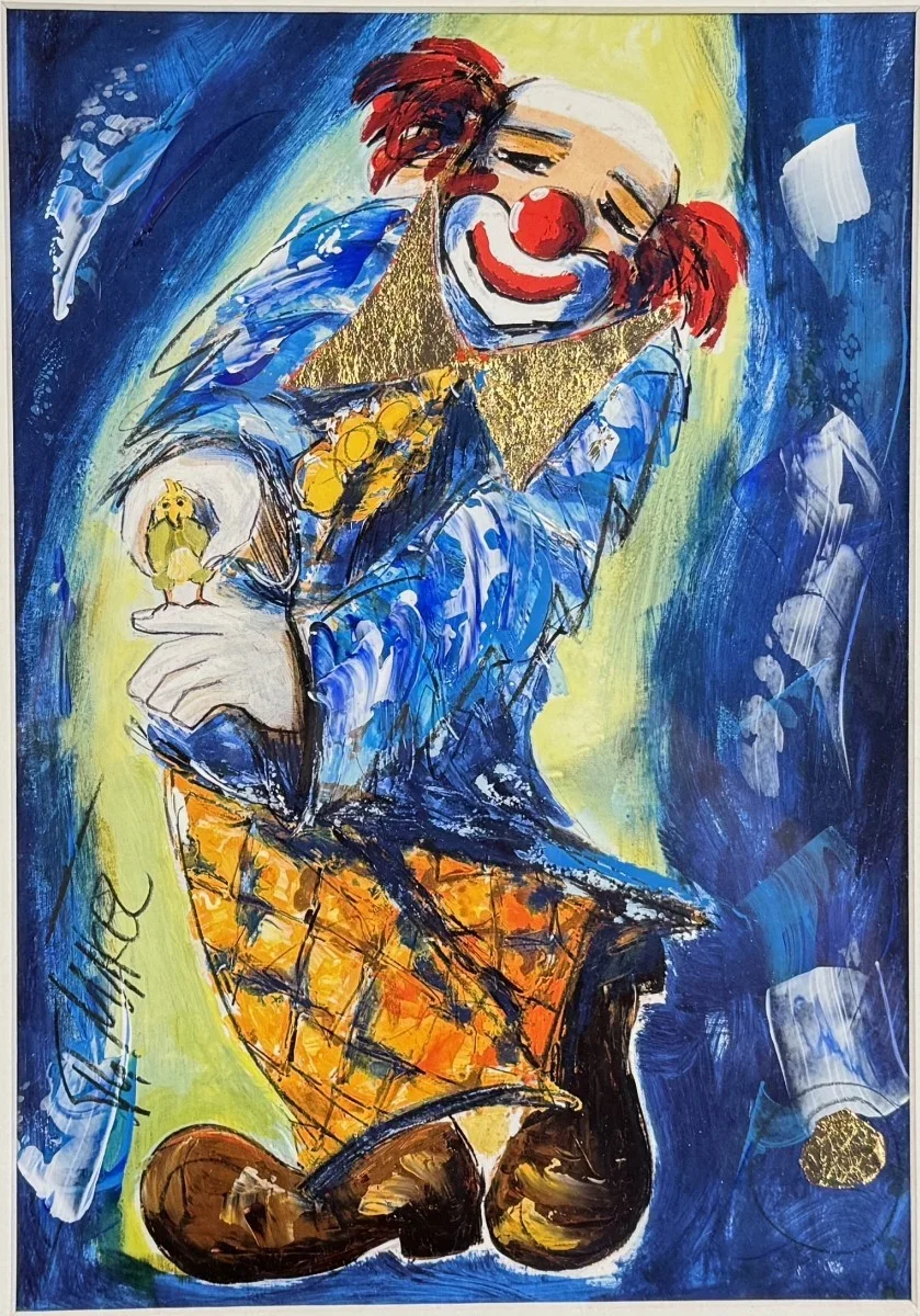 Thomas Mikel (Villach 1948 geb.), "Clown", Mit Blattgold, signiert, Mischtechnik, Bildmaß: 21x30 cm, verglast, gerahmt, Gesamtmaß: 41x51 cm