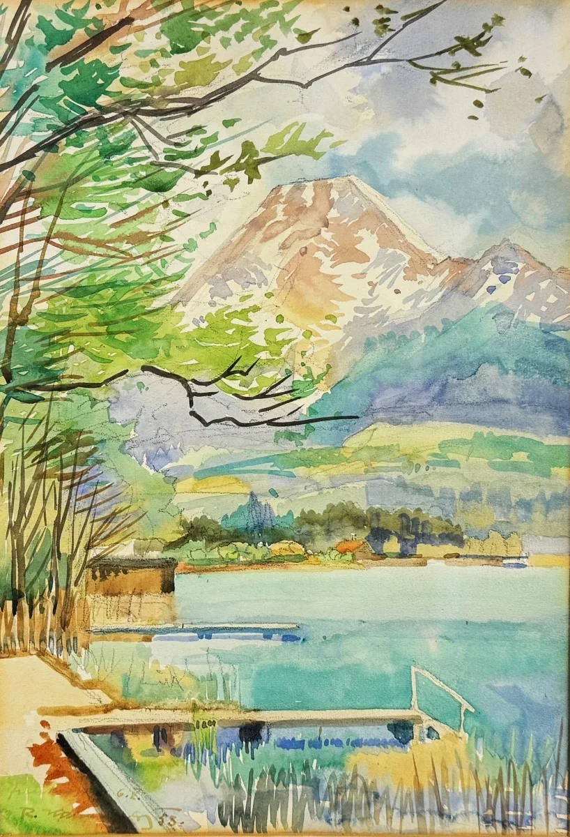 Raimund Kalcher (Villach 1889-1959), "Faaker See mit Mittagskogel", signiert, Aquarell, Bildmaß: 25x36 cm, verglast, gerahmt, datiert, Gesamtmaß: 45x47 cm