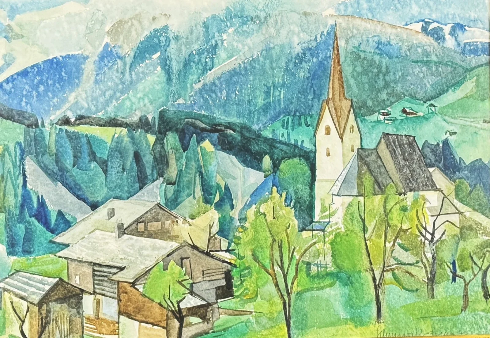 Franz Schneeweiss (Villach 1926-1982), "Landschaft im Drautal", 100. Geburtstag, Aquarell, verglast, gerahmt, datiert, Gesamtmaß: 60x82 cm