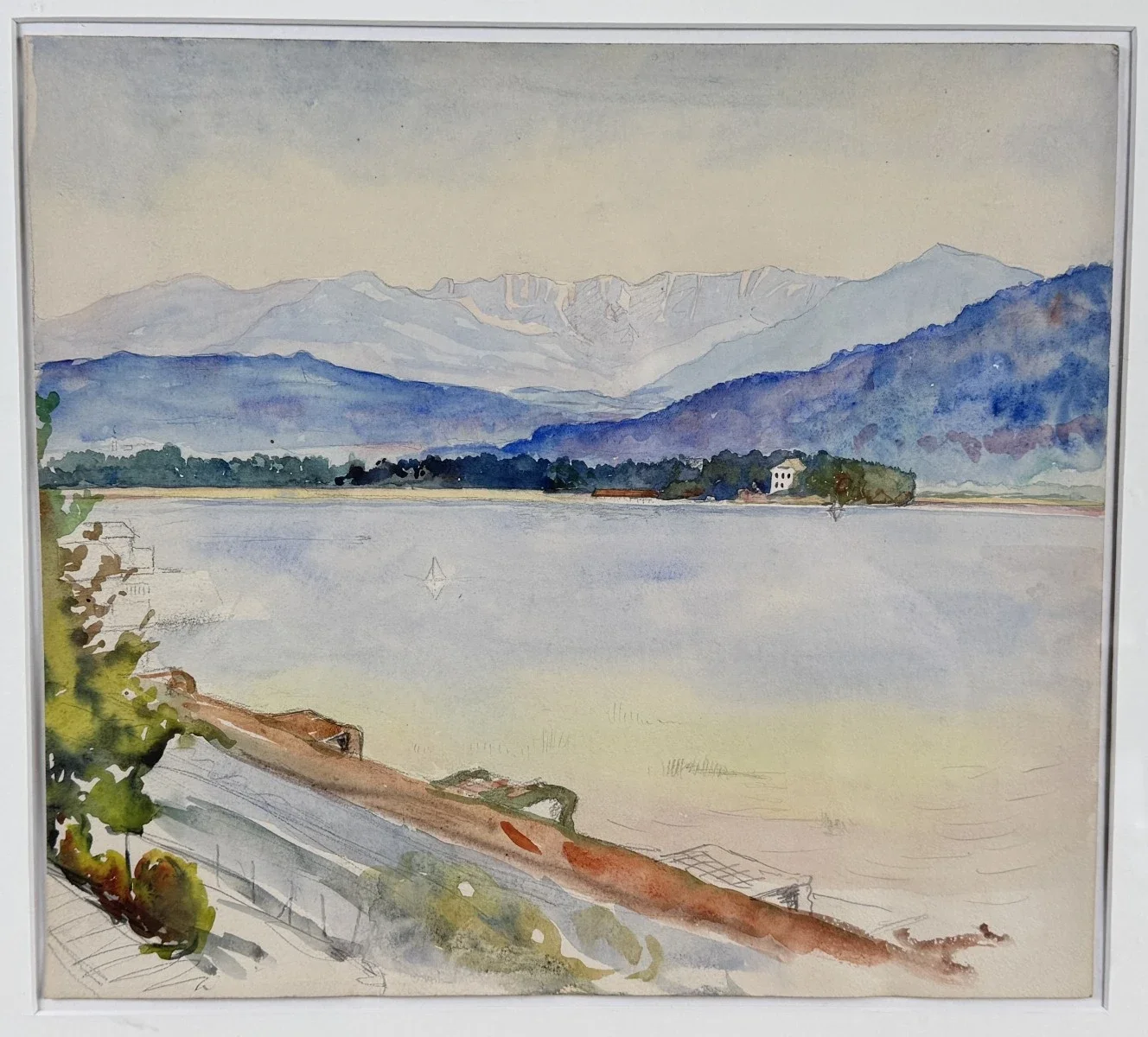 Switbert Lobisser (Tiffen 1878-1943 Klagenfurt, Studium an der Wiener Akademie Mitglied Wiener Künstlerhaus), "Maria Loretto", Wörthersee, im Hintergrund Karawanken, Aquarell, Bildmaß: 30x33,5 cm, verglast, gerahmt, Gesamtmaß: 60x49 cm