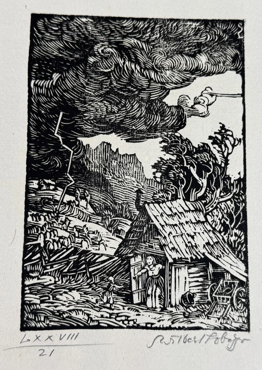 Switbert Lobisser (Tiffen 1878-1943 Klagenfurt, Studium an der Wiener Akademie Mitglied Wiener Künstlerhaus), signiert, Holzschnitt, Bildmaß: 11x16 cm, Gesamtmaß: 22x36 cm