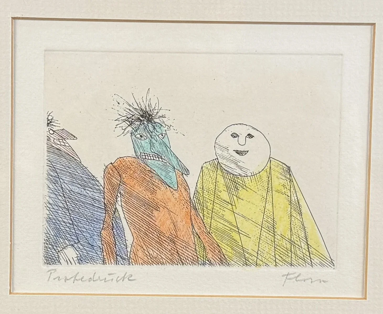 Paul Flora (Glurns 1922-2009 Innsbruck), handkolorierte Radierung, Probedruck, signiert Flora, Bildmaß: 11x8 cm, verglast, gerahmt, Gesamtmaß: 35x32 cm