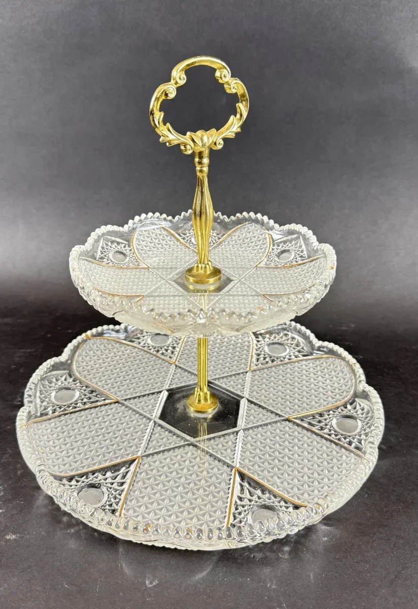 Viktorianische Glas-Etagere mit Messinggriff, h 28cm Dm. 26cm