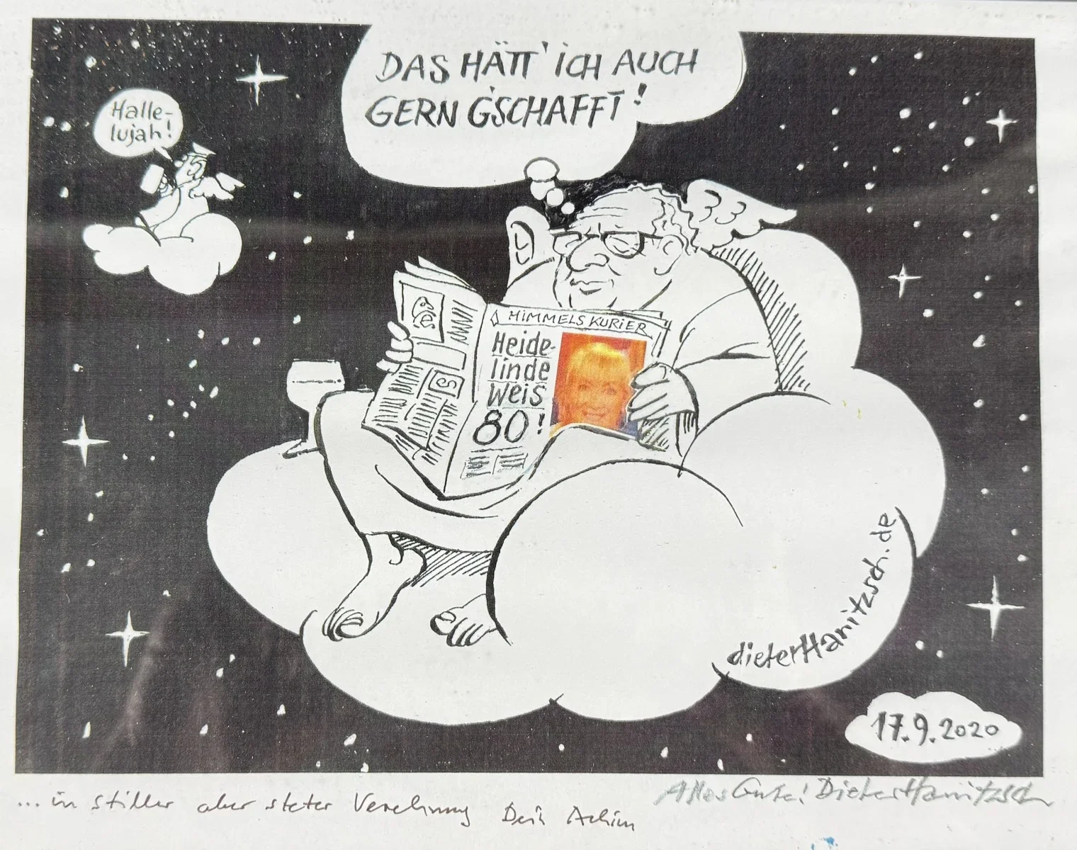 Dieter Hanitzsch Karikatur "Heidelinde Weis 80" zum 80 Geburtstag, 2020 30x22 cm