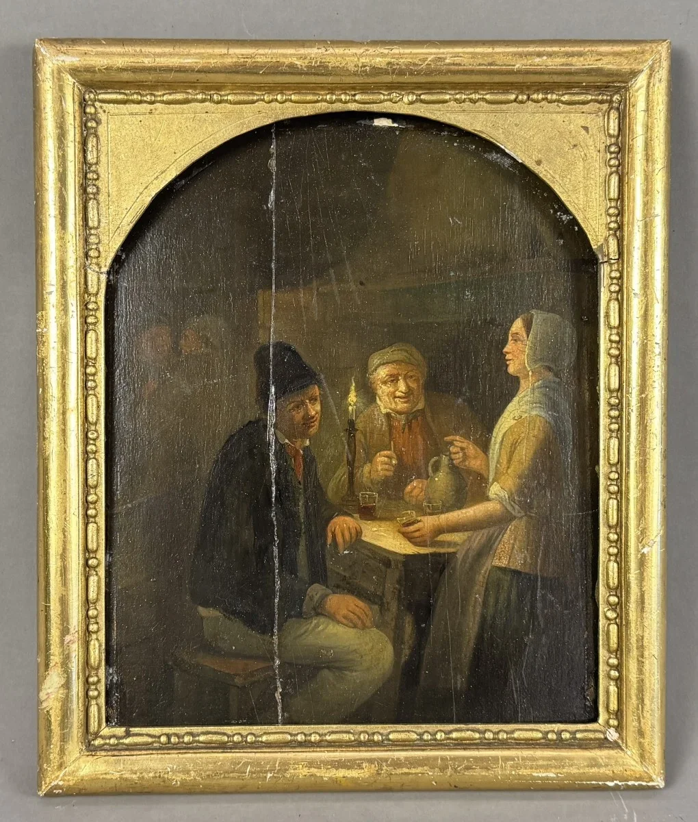 "gemütliche Wirtshausszene", vergoldeter Rahmen, wohl  18. oder 19. Jahrhundert darstellt., Öl auf Platte, gerahmt, Gesamtmaß: 31x26 cm