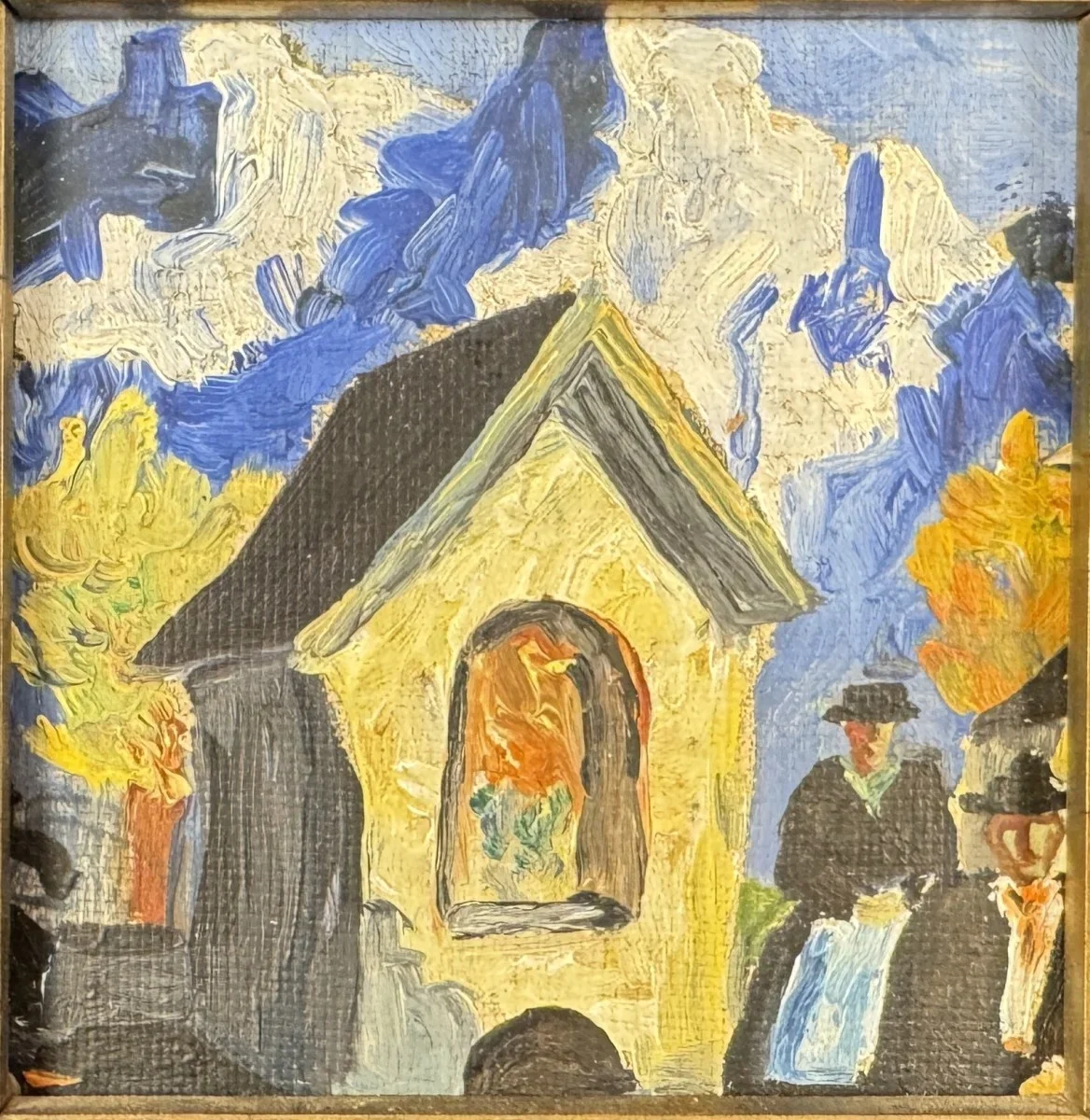 "Kirchgang", Stil, Tiroler Malerei des 20. Jahrhunderts, rückseitig beschrieben, Öl auf Karton, Bildmaß: 8x8 cm, gerahmt, Gesamtmaß: 18x18 cm