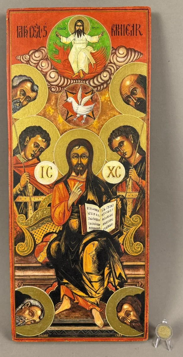 ostkirchliche Deesis-Ikone auf Holz, die Christus auf dem Thron sitzend, 50x21 cm