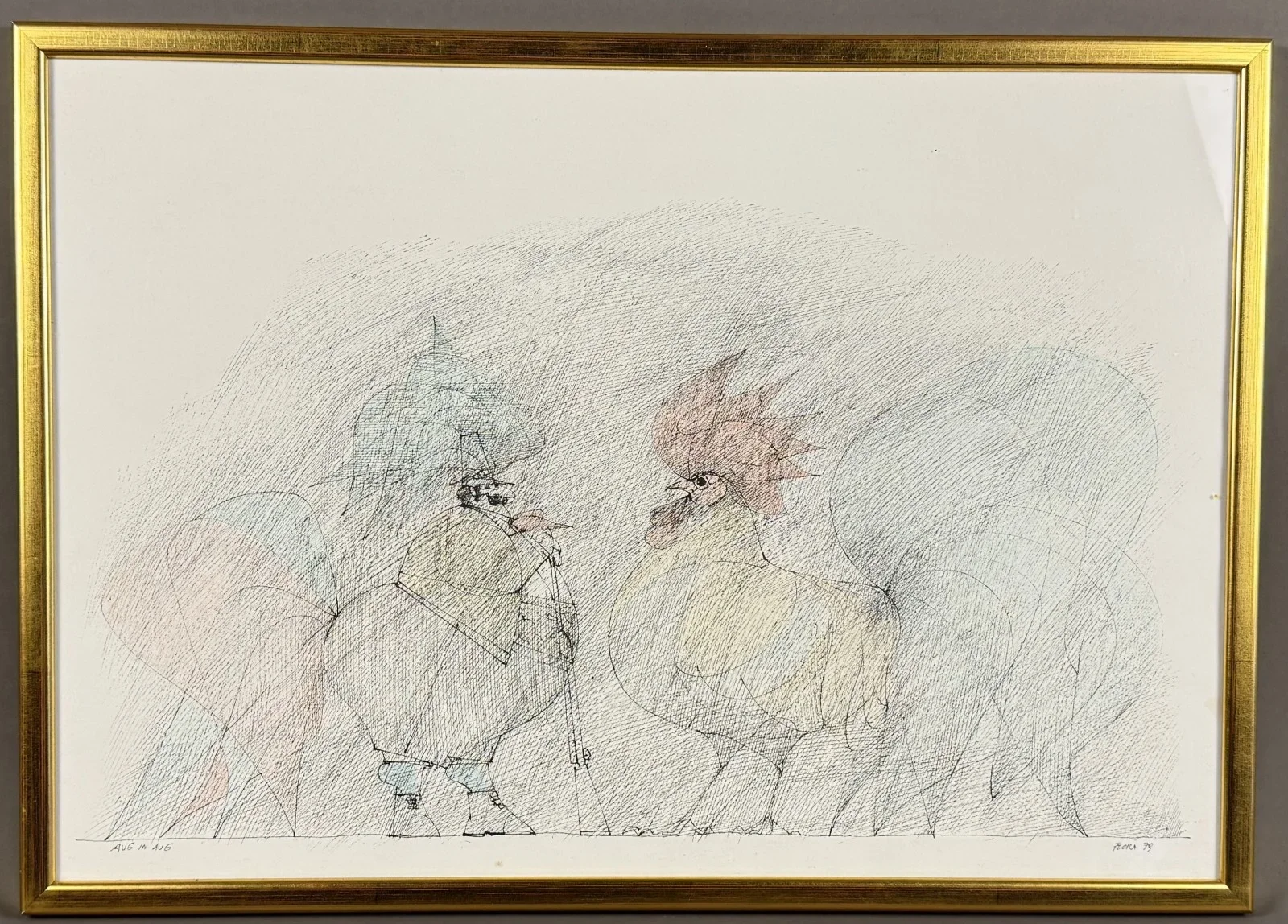 Paul Flora (Glurns 1922-2009 Innsbruck), "Aug in Aug", Druck, , signiert Flora, verglast, gerahmt, Gesamtmaß: 52x37 cm