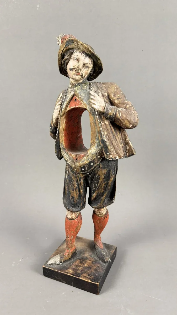Uhrenmännchen, Geschnitzte Holzfigur, bemalt, historisch, H 42cm