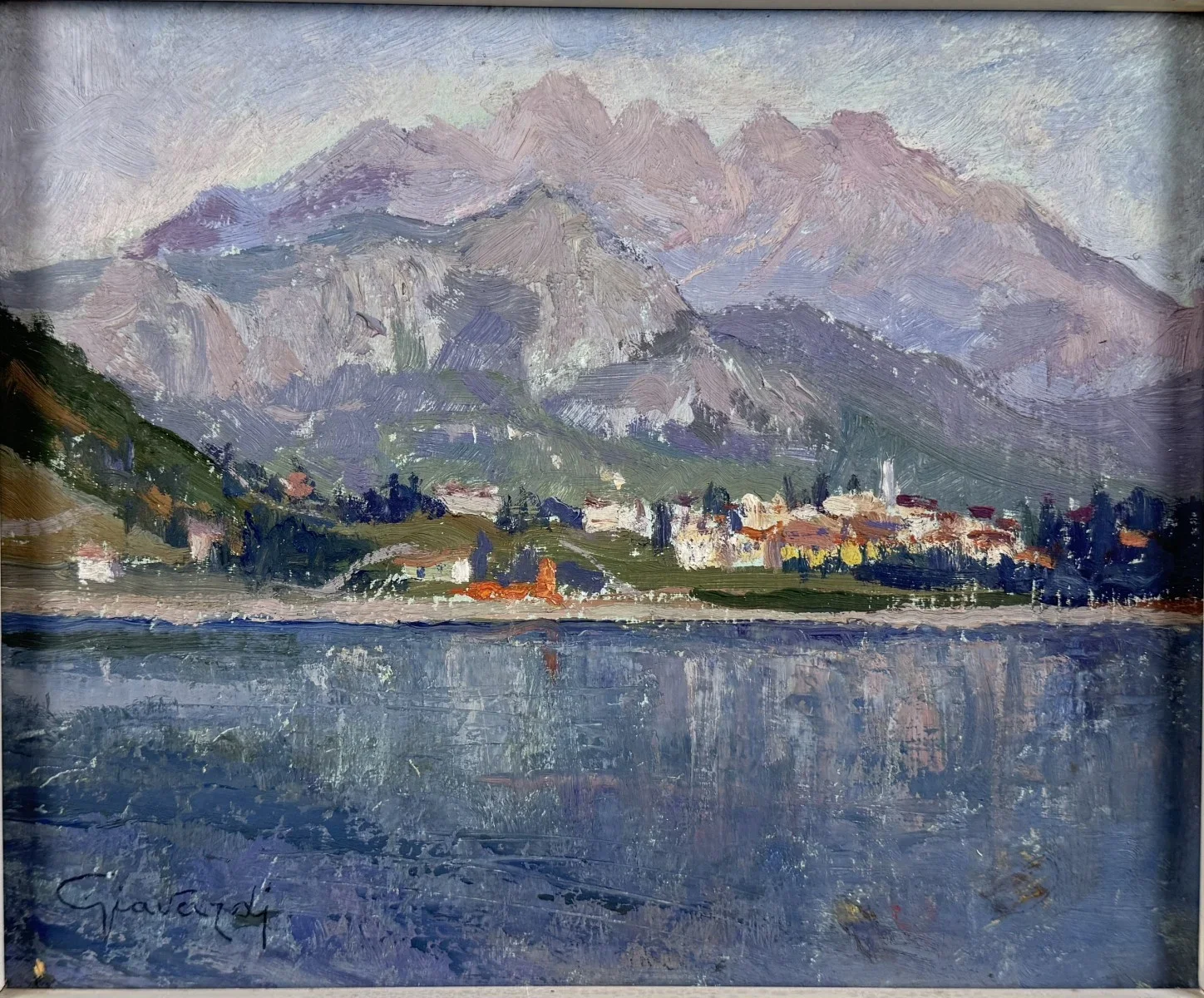 "Landschaft mit See", unleserlich signiert, Mischtechnik, Bildmaß: 26x22 cm, gerahmt, Gesamtmaß: 37x42 cm