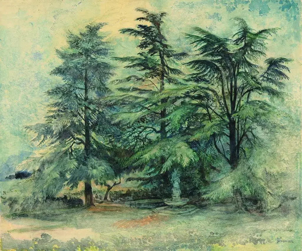 Ludwig Heinrich Jungnickel (Wunsiedel 1881-1965 Wien), "Brunnen im Park von Opatija", Aquarell, Signaturstempel und NL, Schätzpreis: € 2.000 - 3.500, Bildmaß: 51x42 cm, verglast, gerahmt, Gesamtmaß: 77x68 cm