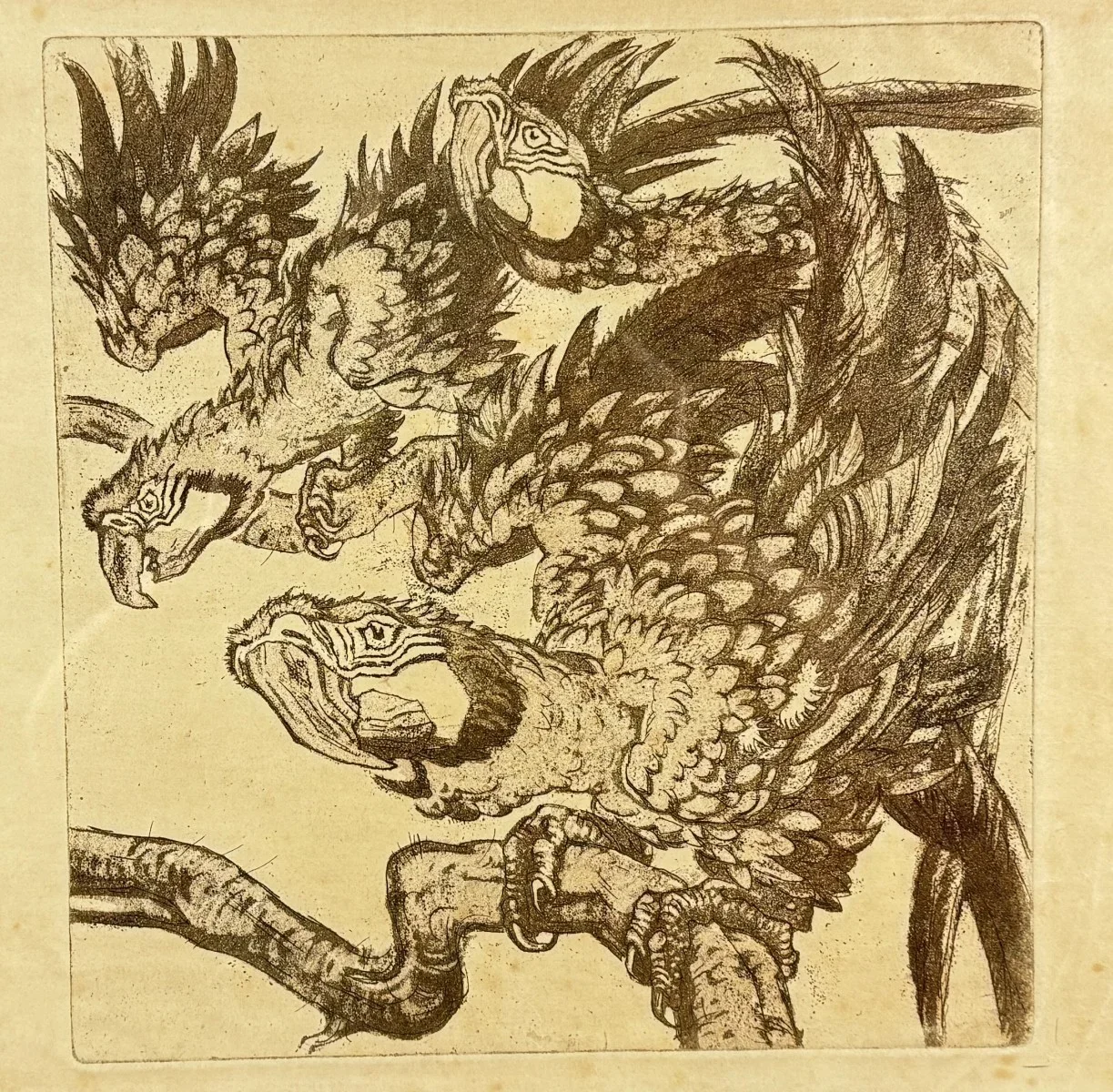 Ludwig Heinrich Jungnickel (Wunsiedel 1881-1965 Wien), "Papageiengruppe", Kaltnadel und Aquatinta Radierung, Schätzpreis: € 400 - 900, signiert L.H.J., Bildmaß: 28,5x30 cm, verglast, gerahmt, datiert 1909, Gesamtmaß: 41x43,5 cm