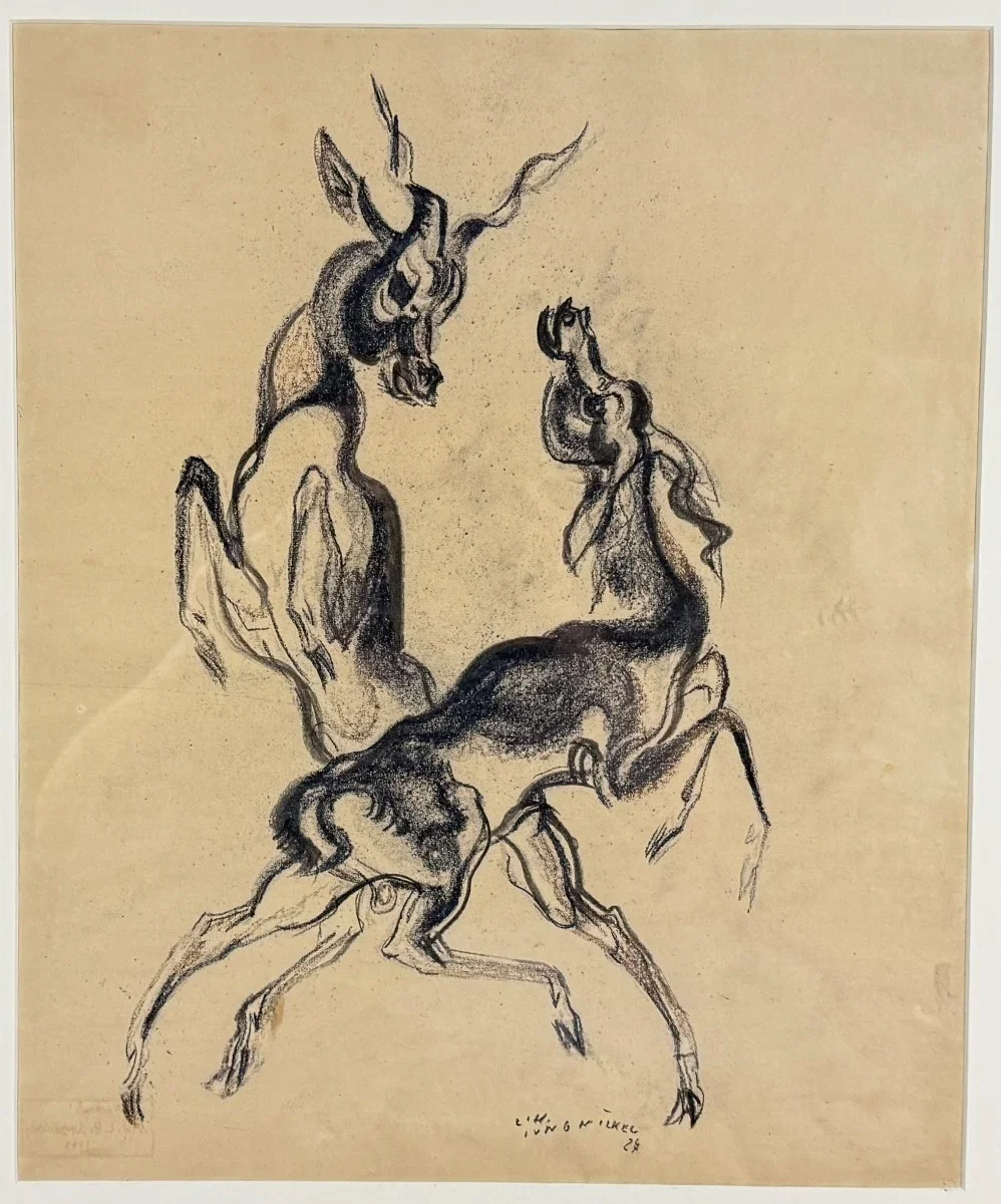 Ludwig Heinrich Jungnickel (Wunsiedel 1881-1965 Wien), "Springende Antilopen", Kohle auf Aquarell, Schätzpreis: € 900 - 1.500, signiert L.H. Jungnickel , Bildmaß: 34x41 cm, verglast, gerahmt, datiert 27, Gesamtmaß: 51x48 cm