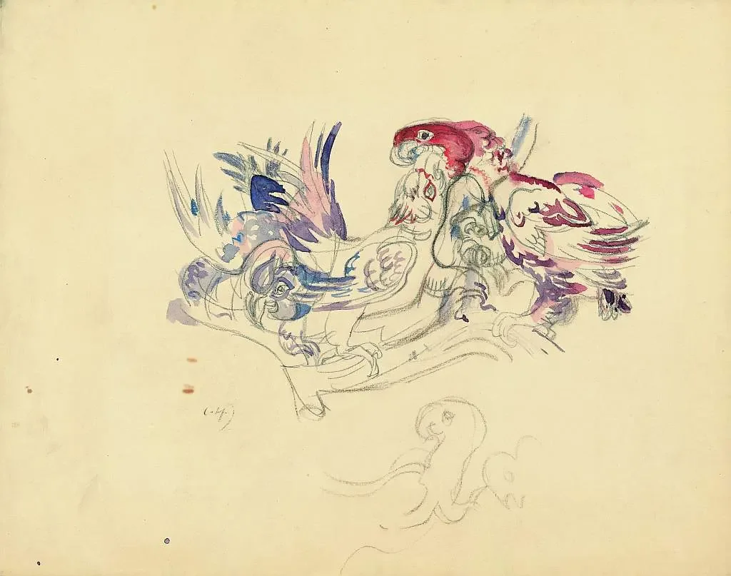 Ludwig Heinrich Jungnickel (Wunsiedel 1881-1965 Wien), "Papageiengruppe", Aquarell und Bleistift, Schätzpreis: € 900 - 1.500, signiert L.H.J., Bildmaß: 42,5x34 cm, verglast, gerahmt, Gesamtmaß: 60x51 cm
