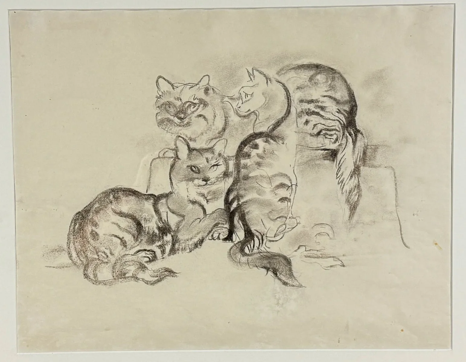 Ludwig Heinrich Jungnickel (Wunsiedel 1881-1965 Wien), "Katzenfamilie", Kohle auf Papier, Schätzpreis: € 800 - 1.500, Bildmaß: 46x36 cm, verglast, gerahmt, Gesamtmaß: 63x53 cm