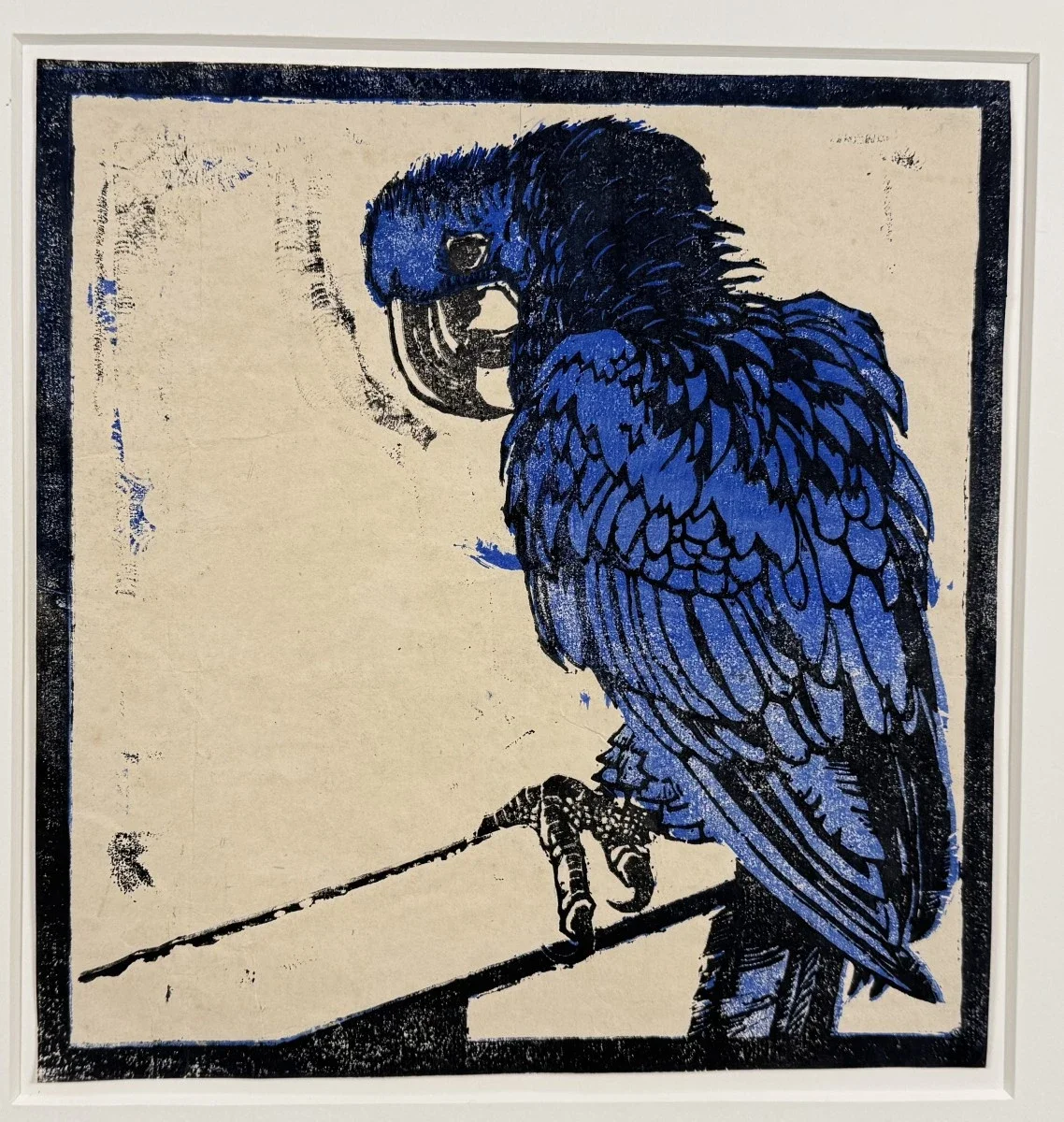 Ludwig Heinrich Jungnickel (Wunsiedel 1881-1965 Wien), "Blauer Ara", Farbholzschnitt auf Papier, um 1920, Rückseitig Nachlassstempel, Schätzpreis: € 1.200 - 2.000, Bildmaß: 28,5x29,5 cm, verglast, gerahmt, Gesamtmaß: 50x50 cm