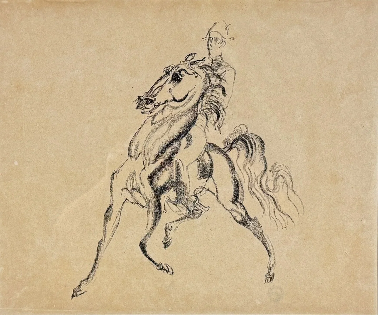 Ludwig Heinrich Jungnickel (Wunsiedel 1881-1965 Wien), "Reiter und Pferd ", (Studie aus der Spanischen Hofreitschule) um 1922,  schwarze Kreide auf Papier, Schätzpreis: € 800 - 1.500 €, Bildmaß: 44x36 cm, verglast, gerahmt, Gesamtmaß: 59x52 cm
