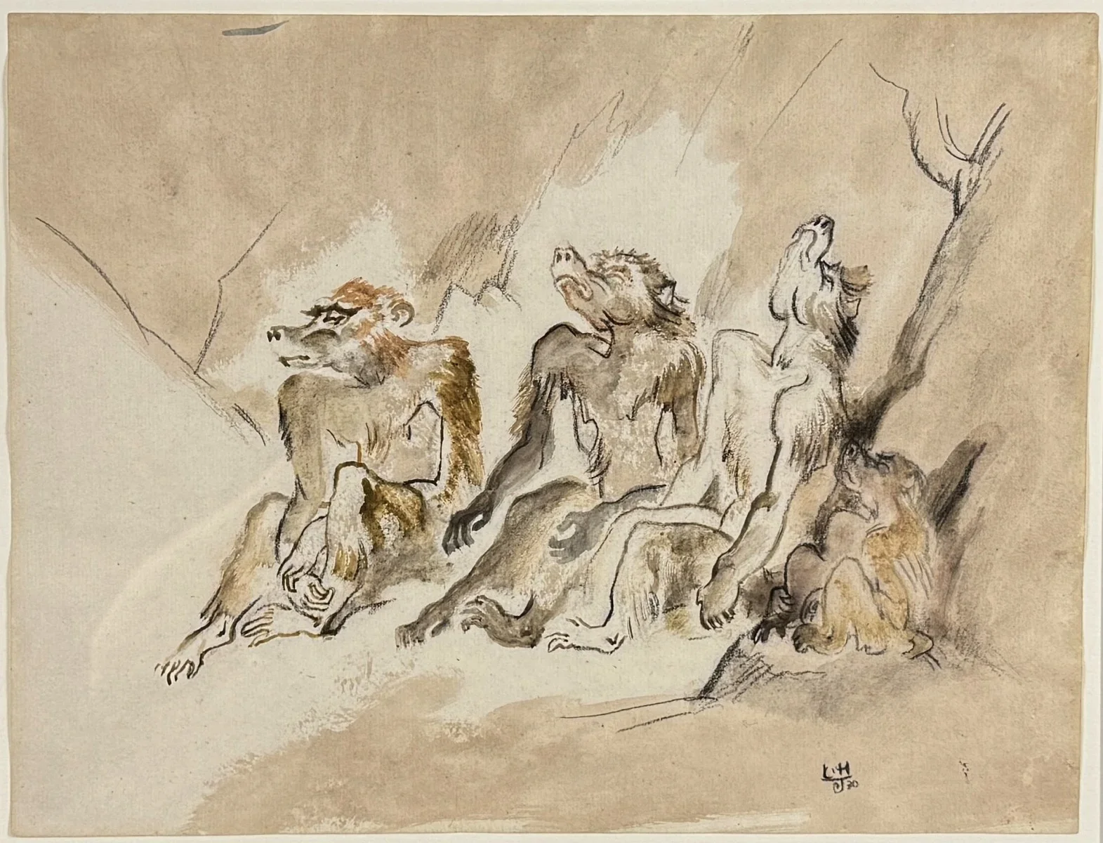 Ludwig Heinrich Jungnickel (Wunsiedel 1881-1965 Wien), "Sich sonnende Paviane", Aquarell und Kohle, Schätzpreis: € 800 - 1.500, Signiert rechts unten: L. H. J, Bildmaß: 32x25 cm, verglast, gerahmt, Gesamtmaß: 51x45 cm