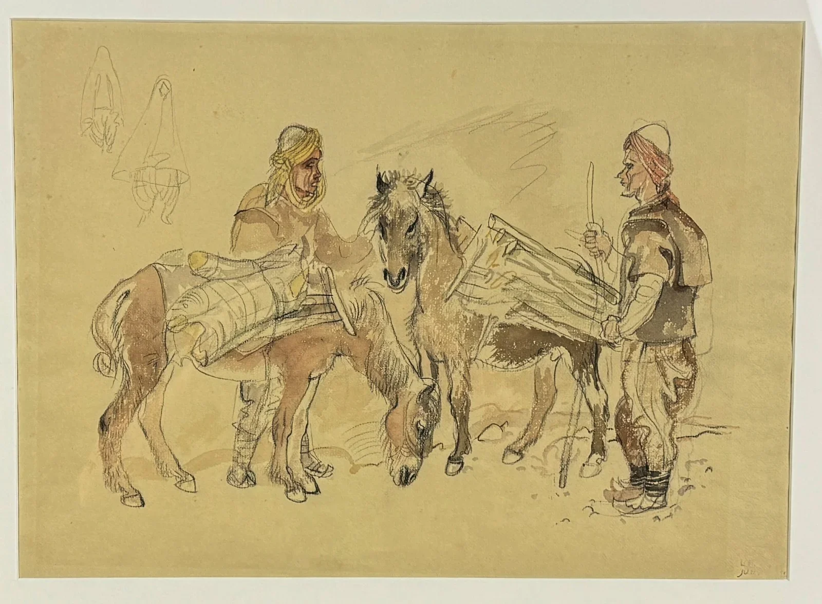 Ludwig Heinrich Jungnickel (Wunsiedel 1881-1965 Wien), "Bosnische Bauern mit Pferden-Maultieren", Aquarell und Kohle, Signaturstempel, Schätzpreis: € 1.200 - 2.000, Bildmaß: 46,5x33 cm, verglast, gerahmt, Gesamtmaß: 63x50 cm