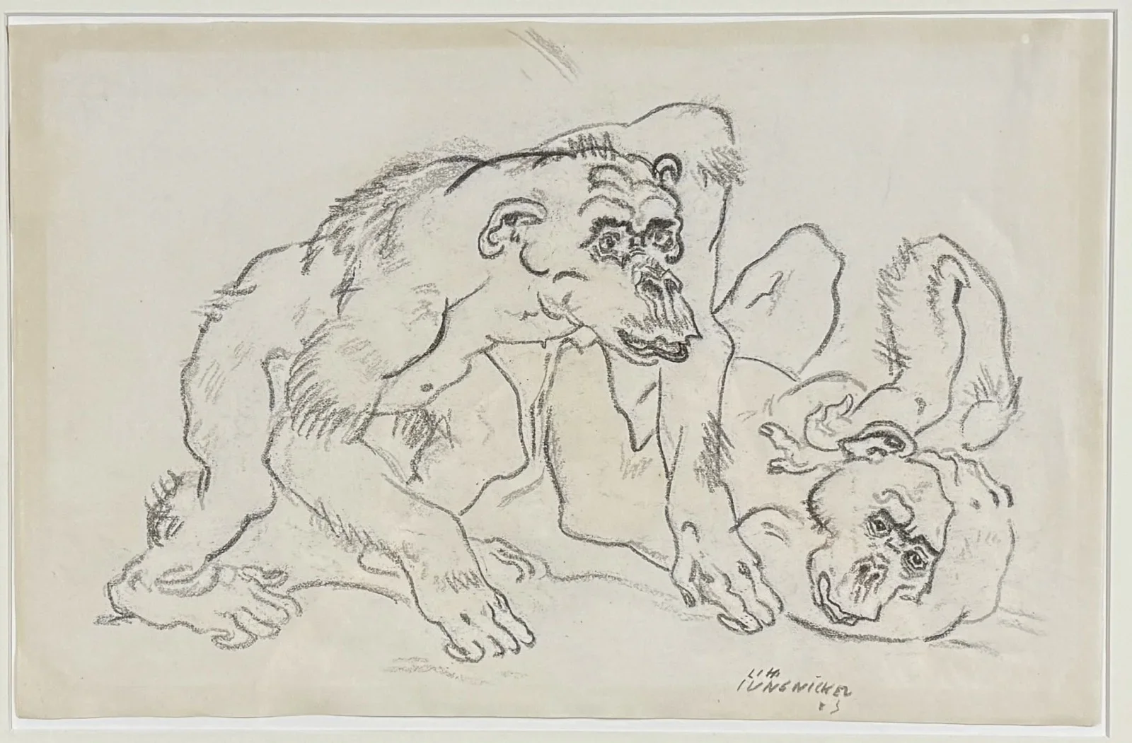 Ludwig Heinrich Jungnickel (Wunsiedel 1881-1965 Wien), "Zwei Schimpansel", Kohle, Schätzpreis: € 800 - 1.500, signiert L.H. Jungnickel , Bildmaß: 47,5 cm, verglast, gerahmt, datiert 1925, Gesamtmaß: 65x48 cm